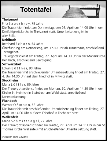 Anzeige von Totentafel vom 26.04.2018 von MGO