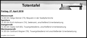 Anzeige von Totentafel vom 27.04.2018 von MGO