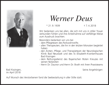 Anzeige von Werner Deus von MGO