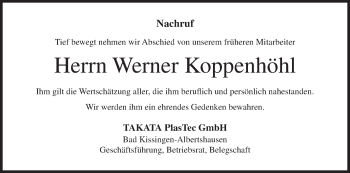 Anzeige von Werner Koppenhöhl von MGO