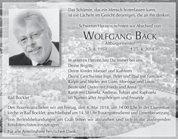 Anzeige von Wolfgang Back von MGO