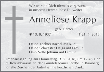 Anzeige von Anneliese Krapp von MGO