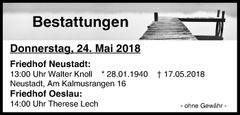 Anzeige von Bestattungen vom 24.05.2018 von MGO