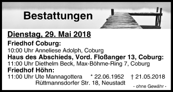 Anzeige von Bestattungen vom 29.05.2018 von MGO