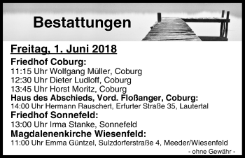 Anzeige von Bestattungen vom 31.05.2018 von MGO