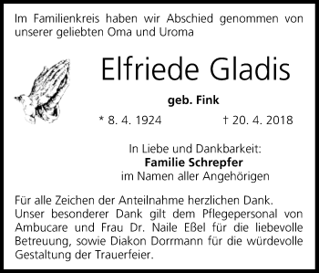 Anzeige von Elfriede Gladis von MGO