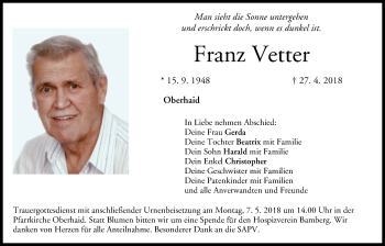 Anzeige von Franz Vetter von MGO