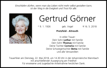 Anzeige von Gertrud Görner von MGO