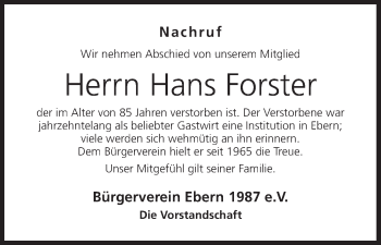 Anzeige von Hans Forster von MGO