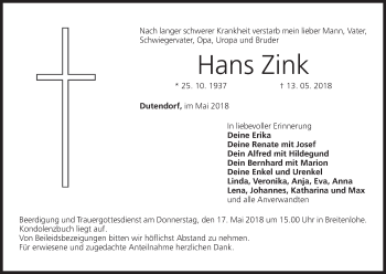 Anzeige von Hans Zink von MGO