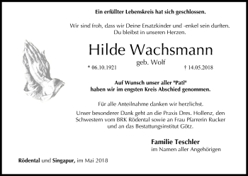 Anzeige von Hilde Wachsmann von MGO