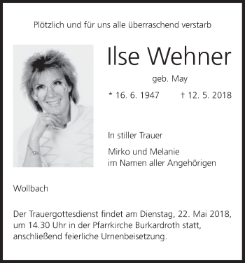 Anzeige von Ilse Wehner von MGO