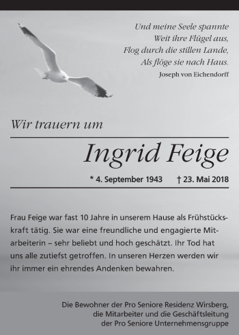 Anzeige von Ingrid Feige von MGO