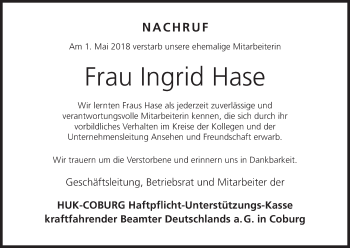 Anzeige von Ingrid Hase von MGO