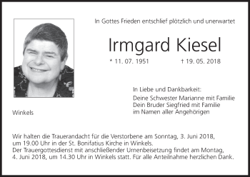 Anzeige von Irmgard Kiesel von MGO