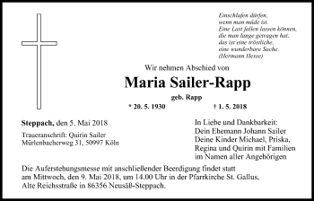 Anzeige von Maria Sailer-Rapp von MGO