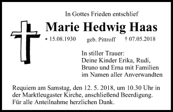 Anzeige von Marie Hedwig Haas von MGO