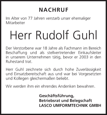 Anzeige von Rudolf Guhl von MGO