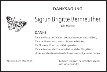 Anzeige von Sigrun Brigitte Bernreuther von MGO