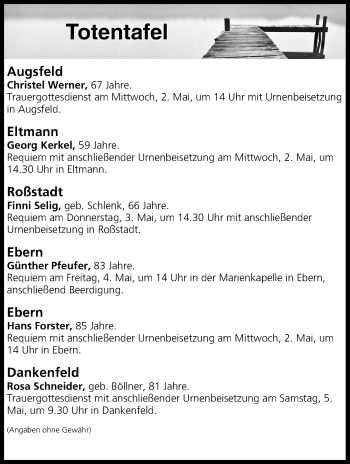Anzeige von Totentafel vom 01.05.2018 von MGO