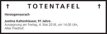 Anzeige von Totentafel vom 01.05.2018 von MGO