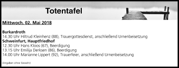Anzeige von Totentafel vom 01.05.2018 von MGO