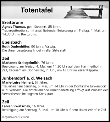 Anzeige von Totentafel vom 03.05.2018 von MGO