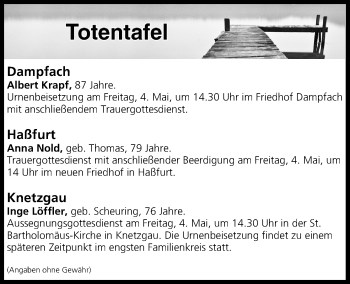 Anzeige von Totentafel vom 04.05.2018 von MGO