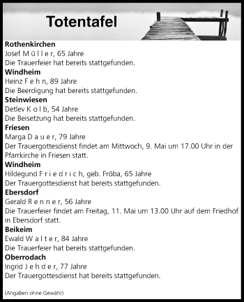 Anzeige von Totentafel vom 09.05.2018 von MGO