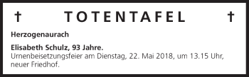 Anzeige von Totentafel vom 15.05.2018 von MGO
