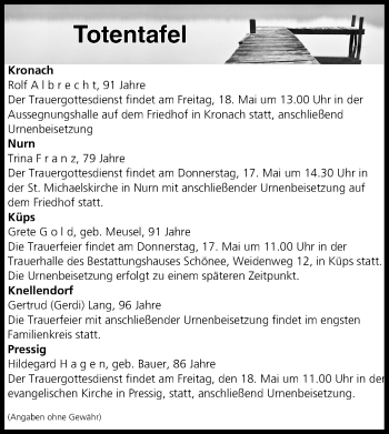 Anzeige von Totentafel vom 16.05.2018 von MGO