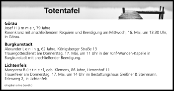 Anzeige von Totentafel vom 16.05.2018 von MGO