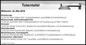 Anzeige von Totentafel vom 16.05.2018 von MGO