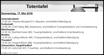 Anzeige von Totentafel vom 17.05.2018 von MGO