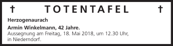 Anzeige von Totentafel vom 17.05.2018 von MGO