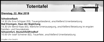 Anzeige von Totentafel vom 22.05.2018 von MGO