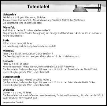 Anzeige von Totentafel vom 23.05.2018 von MGO