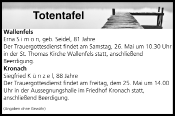 Anzeige von Totentafel vom 25.05.2018 von MGO