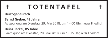 Anzeige von Totentafel vom 26.05.2018 von MGO
