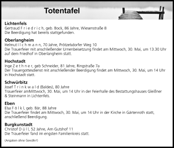 Anzeige von Totentafel vom 29.05.2018 von MGO