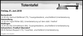 Anzeige von Totentafel vom 31.05.2018 von MGO