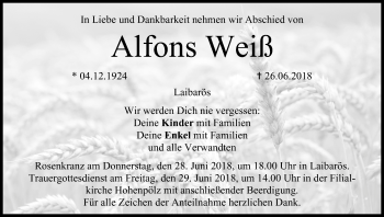 Anzeige von Alfons Weiß von MGO