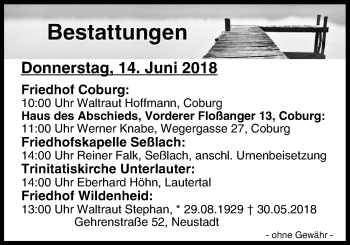 Anzeige von Bestattungen vom 14.06.2018 von MGO
