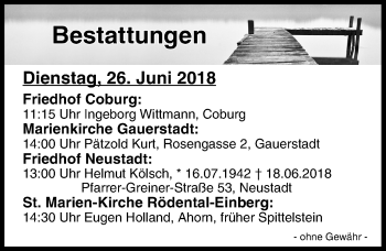 Anzeige von Bestattungen vom 26.06.2018 von MGO