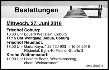 Anzeige von Bestattungen vom 27.06.2018 von MGO