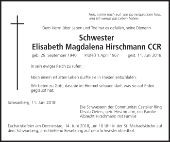 Anzeige von Elisabeth Magdalena Hirschmann von MGO