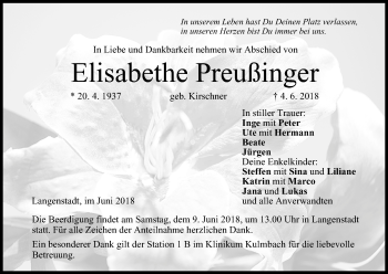 Anzeige von Elisabethe Preußinger von MGO