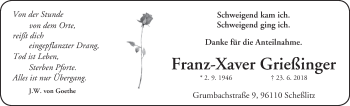 Anzeige von Franz-Xaver Grießinger von MGO