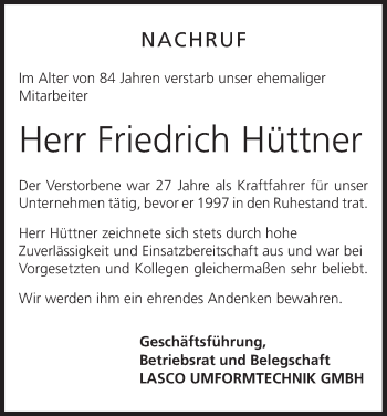Anzeige von Friedrich Hüttner von MGO