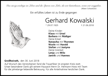 Anzeige von Gerhard Kowalski von MGO